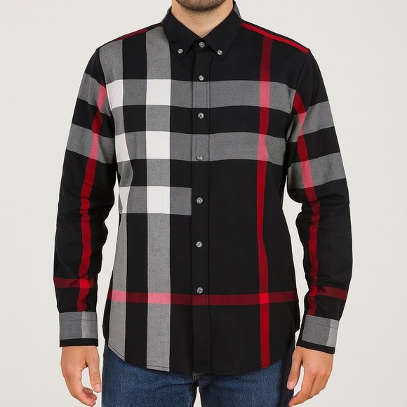 Burberry London England Men's Check Cotton Shirt Long Sleeves Black Red Gray - Picture 1 of 13